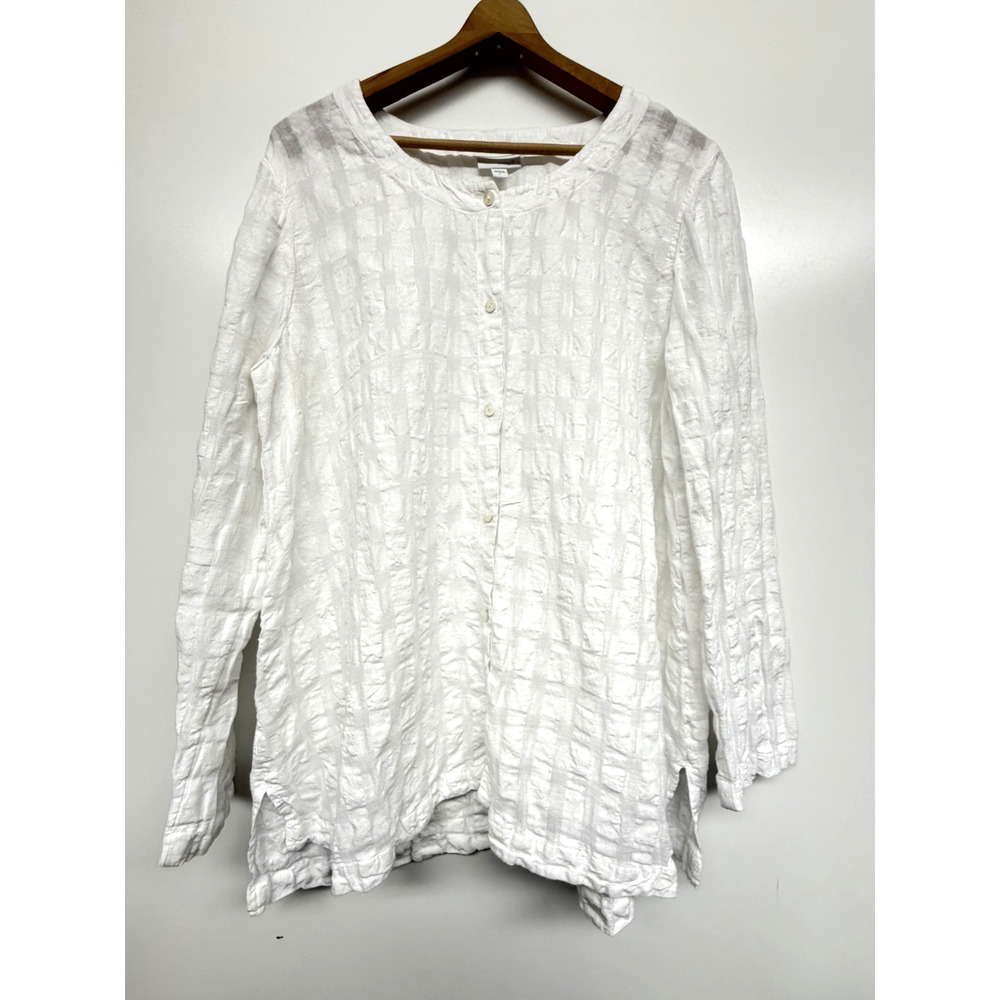 Pure Jill Size Large Button Down Linen Cotton Textured Gauzy White Long Sleeve